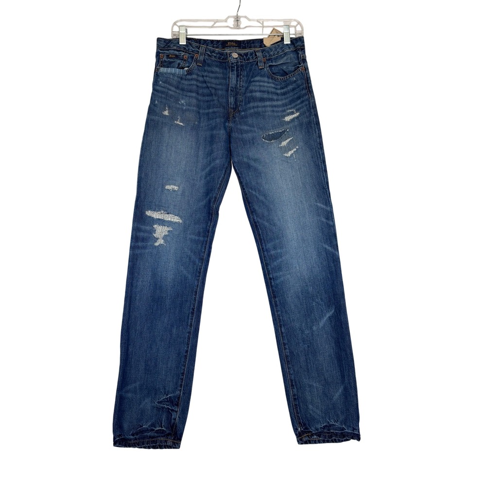 NWT Polo Ralph Lauren Denim Distressed Patched Straight Leg Jeans 20 Blue 30x31